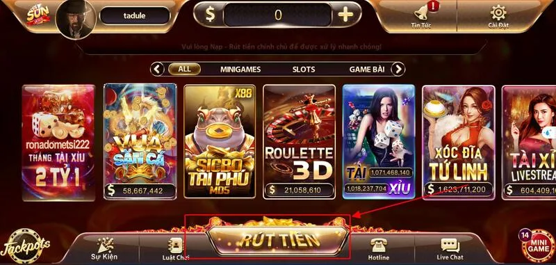 Sunwin 31 Chọn biểu tượng rút tiền màu vàng ở góc dưới màn hình