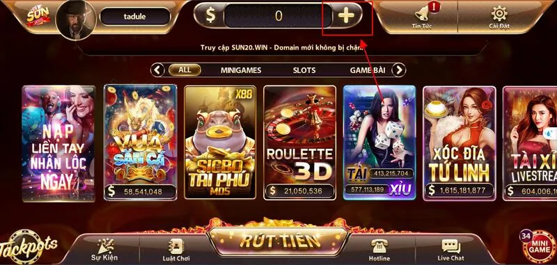 Sunwin 29 Chọn dấu cộng để tiến hành nạp tiền vào tài khoản cổng game