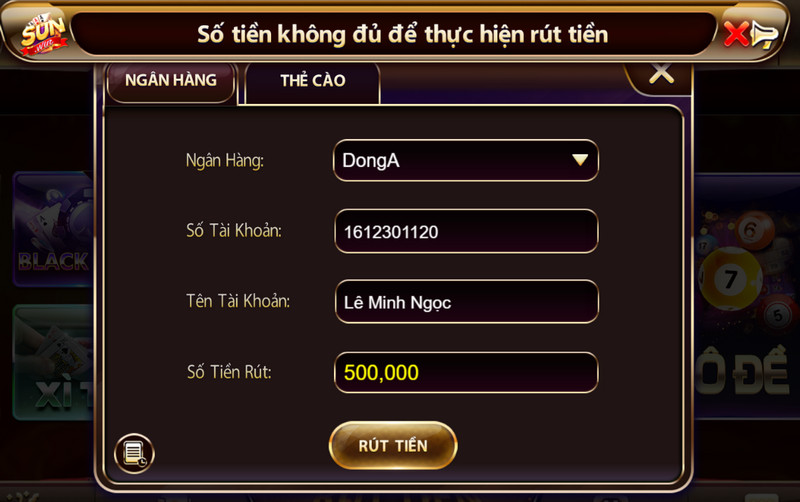 Hệ thống yêu cầu số dư đủ cho giao dịch rút tiền từ Sunwin